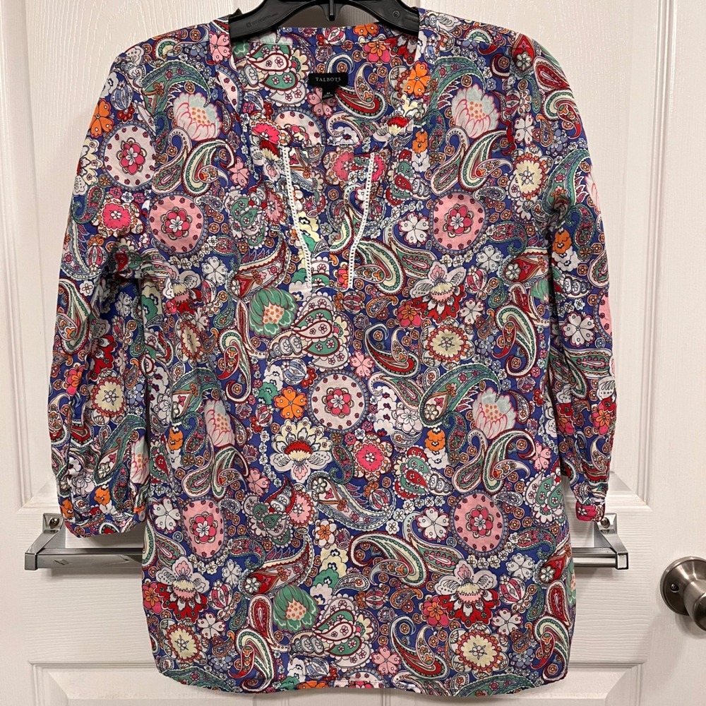 Talbots Womens Medium Paisley Floral Cotton Tunic Top Split Neck Size Medium